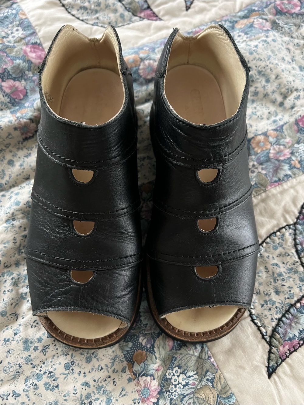 Black Women's Leather Peep-Toe Ankle Sandals